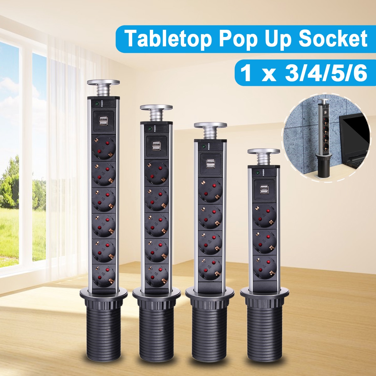 EU-Plug-16A-PULL-UP-3-4-5-6-Power-Socket-2-USB-Charging-Port-Kitchen EU Plug 16A PULL UP 3/4/5/6 Power Socket 2 USB Charging Port Kitchen - Image 1